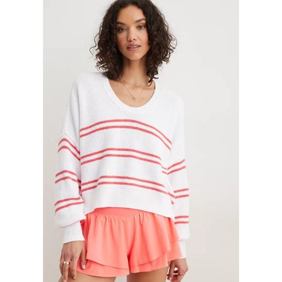 Aerie Beyond White Red Striped Long Sleeve Oversized Cropped Sweater Top Size S - Picture 3 of 4